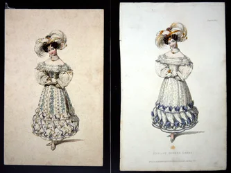 Schets en prent van een modeplaat, ca. 1829