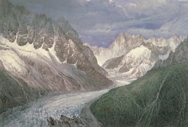 Uitzicht op de Mer de Glace met de Aiguille du Moine links en de Grandes Jorasses in de verte rechts
