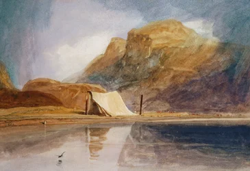 Een Bergachtig Meer met een Tent aan de Oever