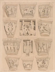 Kapitalen en A & B bas-reliëfs in de abdijkerk van Saint Georges de Bocherville, nabij Rouen, Normandië
