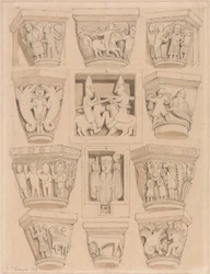 Kapitelen en A amp; B Bas-reliëfs in de abdijkerk van Saint Georges de Bocherville, bij Rouen, Normandië