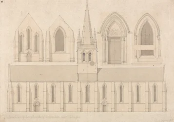 Elevatie van de kerk van Columbiers, bij Valognes, Normandië