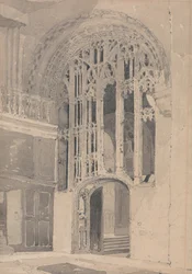 Interieur van de kathedraal van Norwich: Deuropening en scherm tussen het zuidelijke transept en de zijbeuk van het priesterkoor