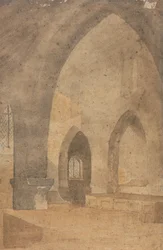Interieur van een kerk, kijkend naar het westen vanuit de zuidbeuk