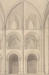 Perspectief op een deel van de abdijkerk Saint Stephen in Caen, Normandië