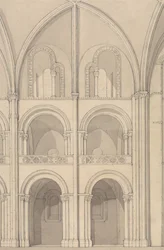 Perspectivische aanzicht van een deel van de abdijkerk Saint-Étienne in Caen, Normandië