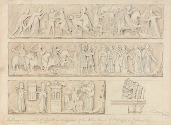 Beeldhouwwerk op een reeks kapitelen in de kloosters van de abdijkerk van Saint Georges de Bocherville, nabij Rouen, Normandië