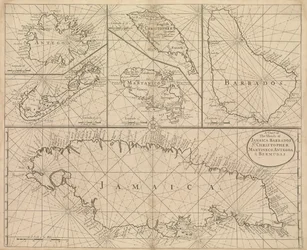 Kaart van Jamaica, Barbados, St. Christopher, Martinique, Antigua en Bermuda