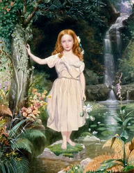 "Klein meisje bij de waterval" Schilderij van John Simmons II (1823-1876) (prerafaëliet)