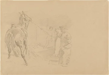 Man die een Paard in een Stal Trekt, 1918