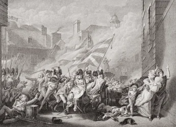 De dood van majoor Peirson in St. Helier, herovering van Jersey van de Fransen, 8 januari 1781, uit 