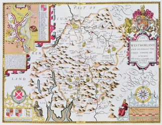 Het Graafschap Westmorland, gegraveerd door Jodocus Hondius (1563-1612) uit John Speeds Theatre of the Empire of Great Britain, uitgegeven door John Sudbury en George Humble, 1611-12
