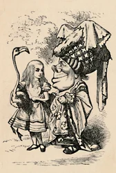 Alice draagt de ooievaar en praat met de hertogin, 1889