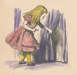 Alice kijkt naar een kleine deur achter een gordijn, 1889