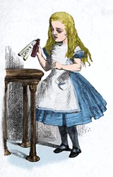 Alice kijkt naar de fles met het bordje drink mij, 1889