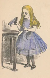 Alice kijkt naar de fles met het bordje drink mij, 1889