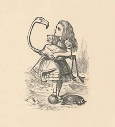 Alice probeert croquet te spelen met een flamingo als hamer, 1889