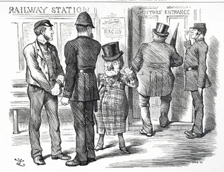 Cartoon over de oproepen om een bloksignaalsysteem verplicht te stellen op de Britse spoorwegen