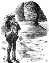 Cartoon die premier Benjamin Disraeli afbeeldt die het Suezkanaal vasthoudt als de sleutel tot het Britse bezit en de invloed in India