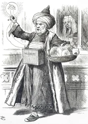 Cartoon die William Ewart Gladstone als Aladdin afbeeldt