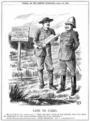 Cecil John Rhodes, Engels-Zuid-Afrikaanse staatsman, vraagt de Duitse keizer om toestemming om een telegraaflijn door Duits Oost-Afrika te leggen. Kaap naar Caïro, cartoon door John Tenniel uit Punch, Londen, 22 maart 1899. Gravure