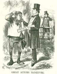Grote herfstmanoeuvre: Gladstone dacht dat uiteindelijk het stemrecht aan landarbeiders (Hodge) moest worden gegeven. Op dat moment was zijn premierschap wankel en wachtte Disraeli om zijn plaats in te nemen. John Tenniel cartoon uit Punch, Londen, 9 augus