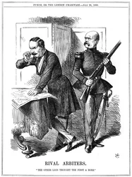 Napoleon III en Otto von Bismarck verdelen Europa. Hun conflicterende ambities leidden tot de Frans-Duitse Oorlog van 1870-1871. John Tenniel cartoon uit Punch, Londen, 28 juli 1870