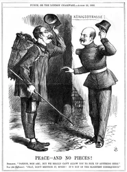 Napoleon III, Franse keizer 1852-1870, verkleed als voddenraper (Chiffonnier), gewaarschuwd door Otto von Bismarck, de Pruisische kanselier. Napoleons territoriale ambities leidden tot de Frans-Pruisische Oorlog van 1870-71. John Tenniel cartoon uit Punch,
