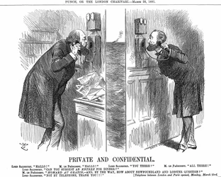 Opening van de Anglo-Franse telefoonlijn. De Britse premier (Lord Salisbury) in gesprek met de Franse president (Sadi Carnot). John Tenniel cartoon uit Punch, Londen 28 maart 1891. Houtsnede.