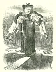 Set Down Two, and Carry One?: Gladstone, de Britse premier, in een dilemma over welke van de controversiële Ierse wetsvoorstellen hij moet laten vallen. John Tenniel cartoon uit Punch, Londen, 3 april 1886