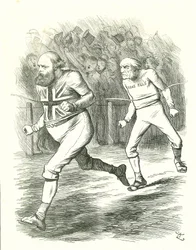 De Finish: Algemene Verkiezingen 1886. Gladstone (Liberaal) ging naar het land over zijn Home Rule voor Ierland wetsvoorstel. Salisbury (Conservatieve oppositie) verslaat Gladstone bij de finish. John Tenniel cartoon uit Punch, Londen