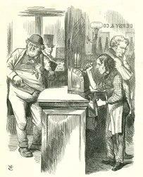 De Eerlijke Potjongen: Hervorming van het Parlement - uitbreiding van het kiesrecht. Disraeli serveert hervorming aan John Bull, gadegeslagen door zijn parlementaire oppositie. Hij introduceerde en voerde zijn Hervormingswet in. Tenniel cartoon uit Punch, 