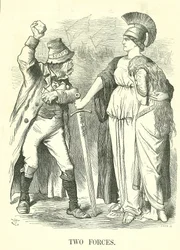 Twee Krachten: Ierse Land Liga verboden. Britannia beschermt Hibernia (Ierland) met de Kracht van de Wet tegen de Kracht van Anarchie. John Tenniel cartoon uit Punch, Londen, 29 oktober 1881.