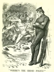 Waar is de (Ierse) politie?: William Gladstone, Britse premier, kijkt naar de onrust in Ierland en wacht om in te grijpen. In april werd een nieuwe Irish Peace Preservation Act aangenomen door het parlement. John Tenniel cartoon uit Punch, Londen