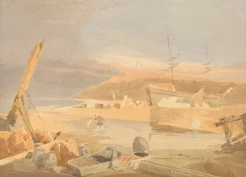 Kustscène met zeilschip aan de kade