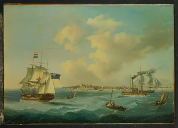 Een 44-kanons fregat, een passagierspeddelstoomboot en andere schepen bij St. Peter Port, Guernsey