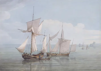 Een Hoy en een Lugger met andere schepen op een kalme zee