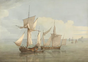 Een Hoy en een Lugger met andere schepen op een kalme zee