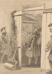 Hogarth, Buiten Zijn Tijd, Tekent het Figuur van Zijn Metgezel op de Deur van een Bepaalde Plaats, tot Grote Bewondering van Al Zijn Vrienden