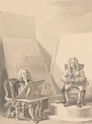 Hogarth Maakt een Portret van H. Fielding, voor een Boekverkoper, van de Gelaatstrekken van Garrick die een van de Pruiken van de Auteur Leende voor het Specifieke Doel omdat er Geen Echt Portret van Hem Was