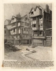 Oude huizen in Butcher Row, Londen. Het hoekhuis aan de rechterkant in St Clement