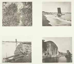 Een Landweg nabij Taiwanfu, Een Catamaran, Kettingpompen, Rotsinscripties, Amoy, ca. 1868