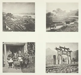 Deel van Foochow Foreign Settlement, terrassenheuvels, Foochow-veldvrouwen, een gedenkboog, ca. 1868