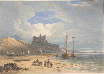 Bamborough Castle vanuit het noordoosten, met Holy Island in de verte, Northumberland