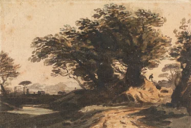 Landschap met een groep bomen bij een weg en een stroom