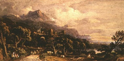 Landschap met kasteel en berg