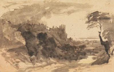 Romantisch landschap met een kasteel en een boom aan de rechterkant