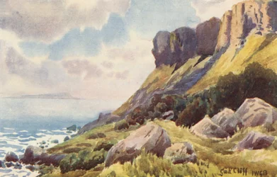 Gad Cliff, met eiland Portland in de verte (kleurenlitho)