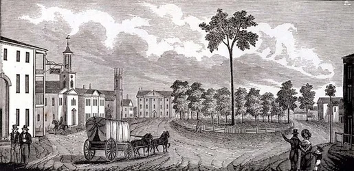 Centraal deel van Pittsfield, Massachusetts, uit Historical Collections of Massachusetts, door John Warner Barber, gegraveerd door S. E. Brown, 1839