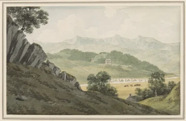 Llanelltyd Brug over de Maw, op de weg tussen Barmouth en Dolgellau, kijkend naar Hengwrt en verder naar Cader Idris, Merionethshire, 16 juli 1790